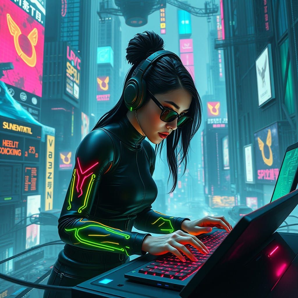 Cyberpunk Hacker Embarks on Mycelium Odyssey in Neon-Lit Fut...