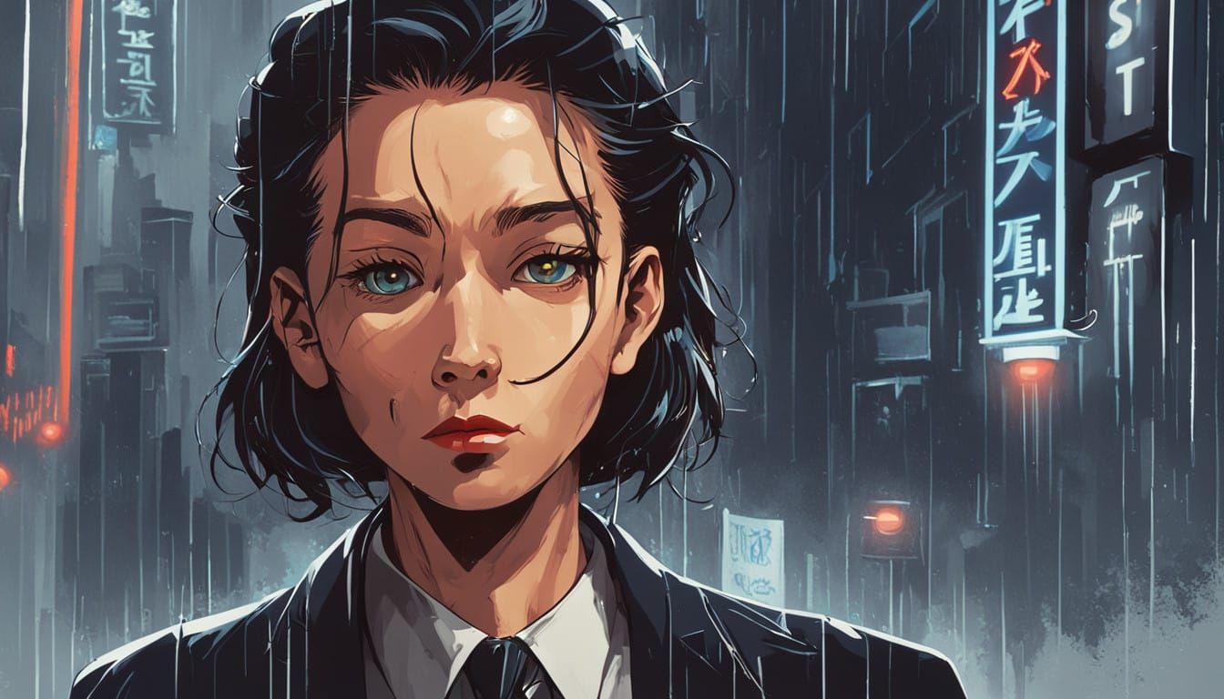 Mysterious Film Noir Detective in Monochromatic Neon Rain