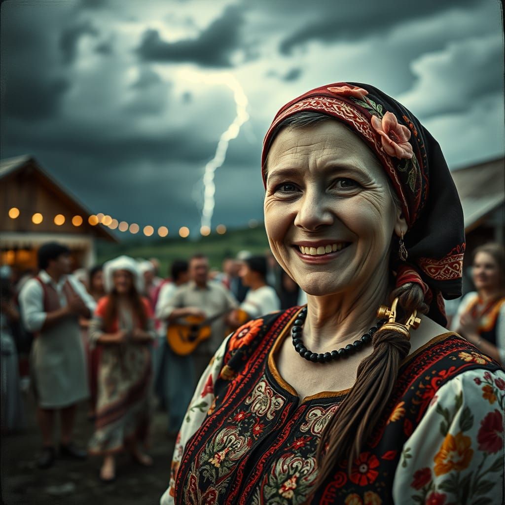 Slavic Woman in Traditional Village Celebration