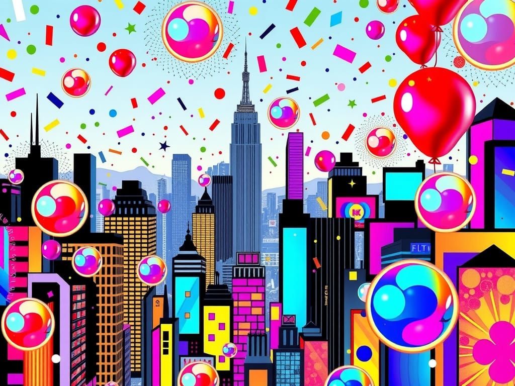 Iridescent Bubble Cityscape in Pop Art Style