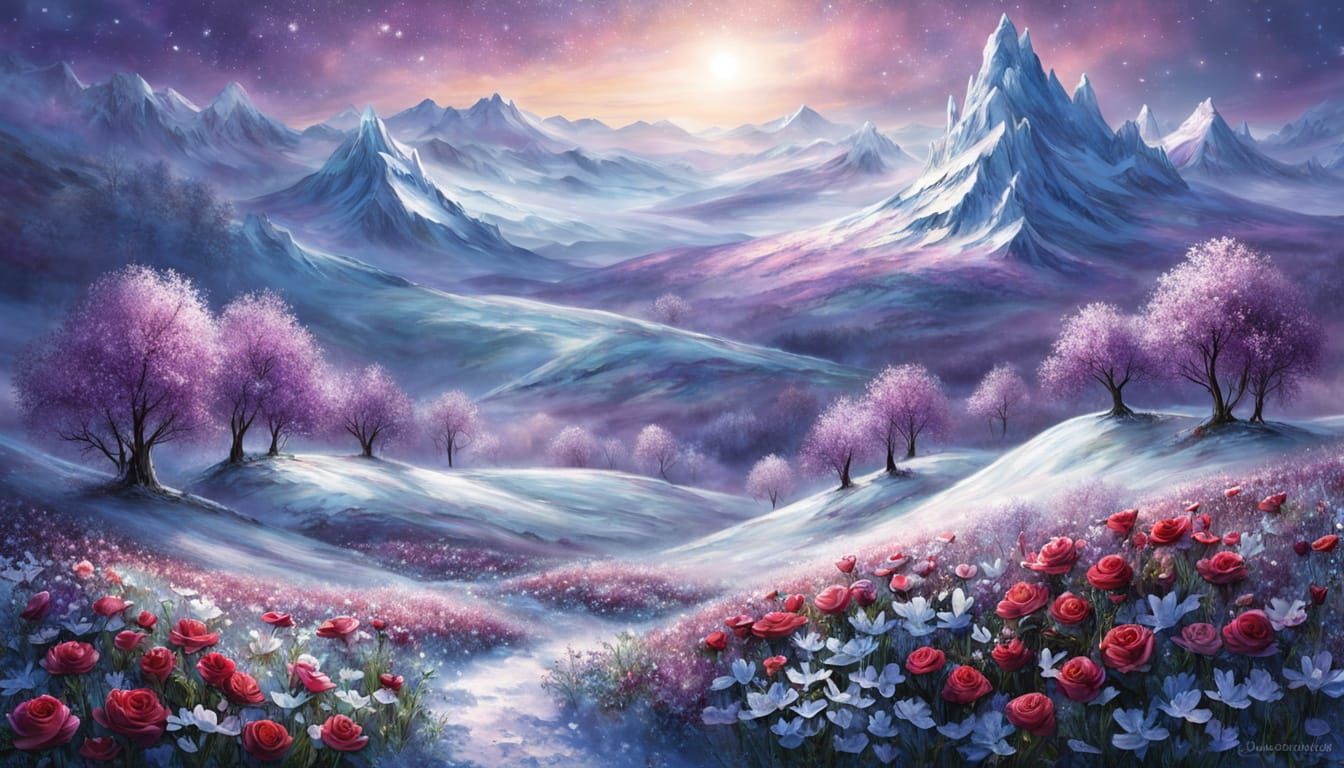 Magical Winter Landscape with Glowing Ice Flowers and Roses