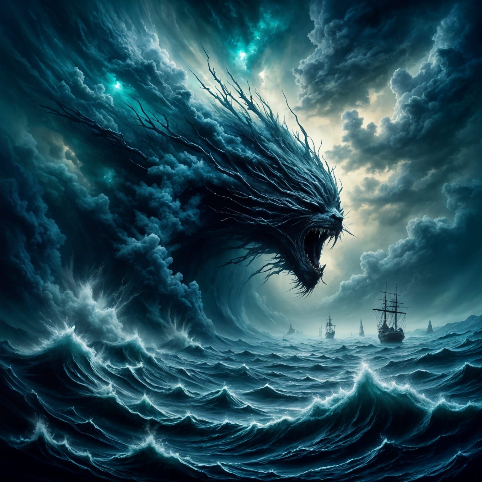 Cosmic Leviathan Emerges from Oceanic Abyss in a Stormy Nigh...