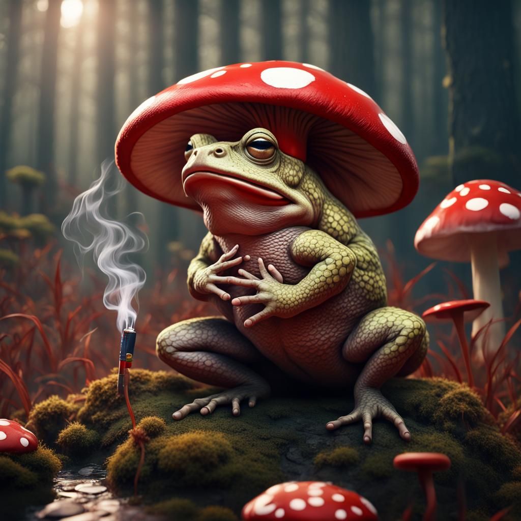 Toad Smoking on Mushroom, Detailed Matte Painting