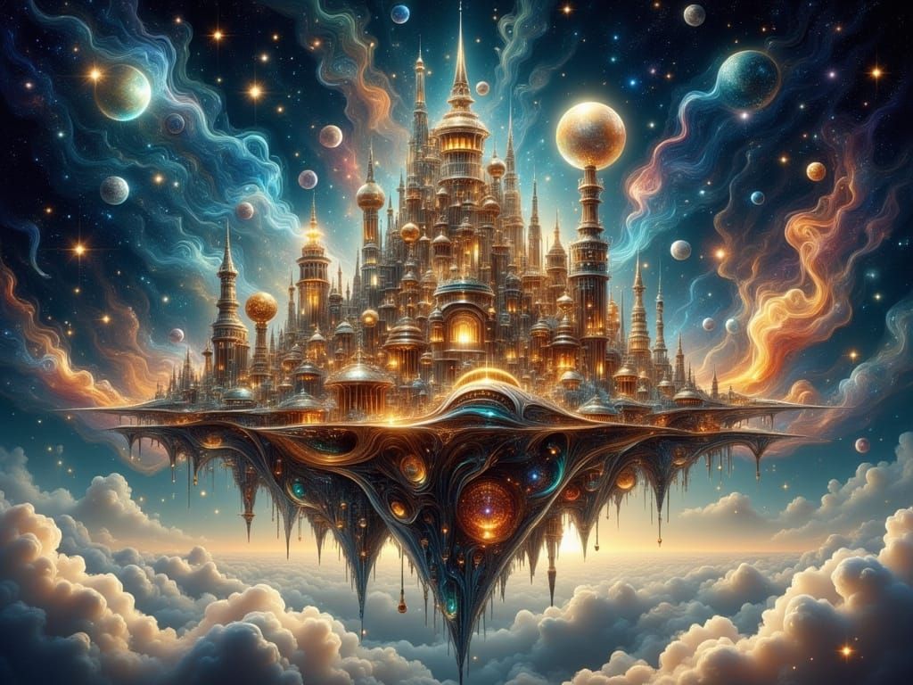 Steampunk Floating Island Amidst Cosmic Nebulae