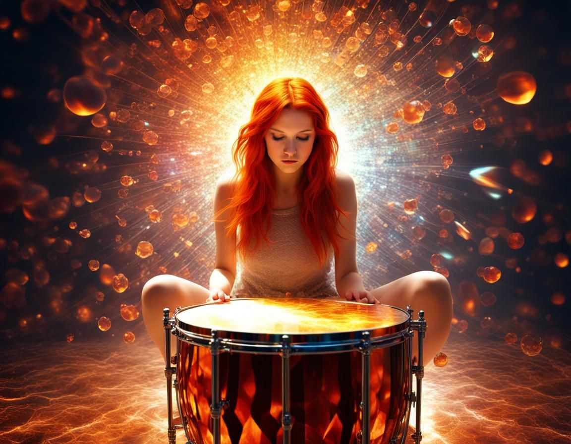 Red-Haired Girl Playing Amber Drum with Broken Glass Effect