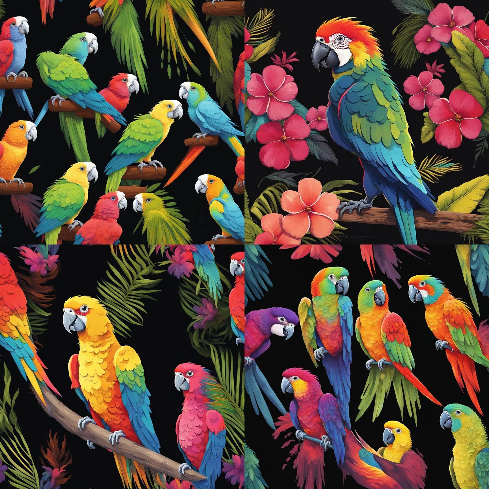Colorful Parrot on Black Background, Fantasy Art