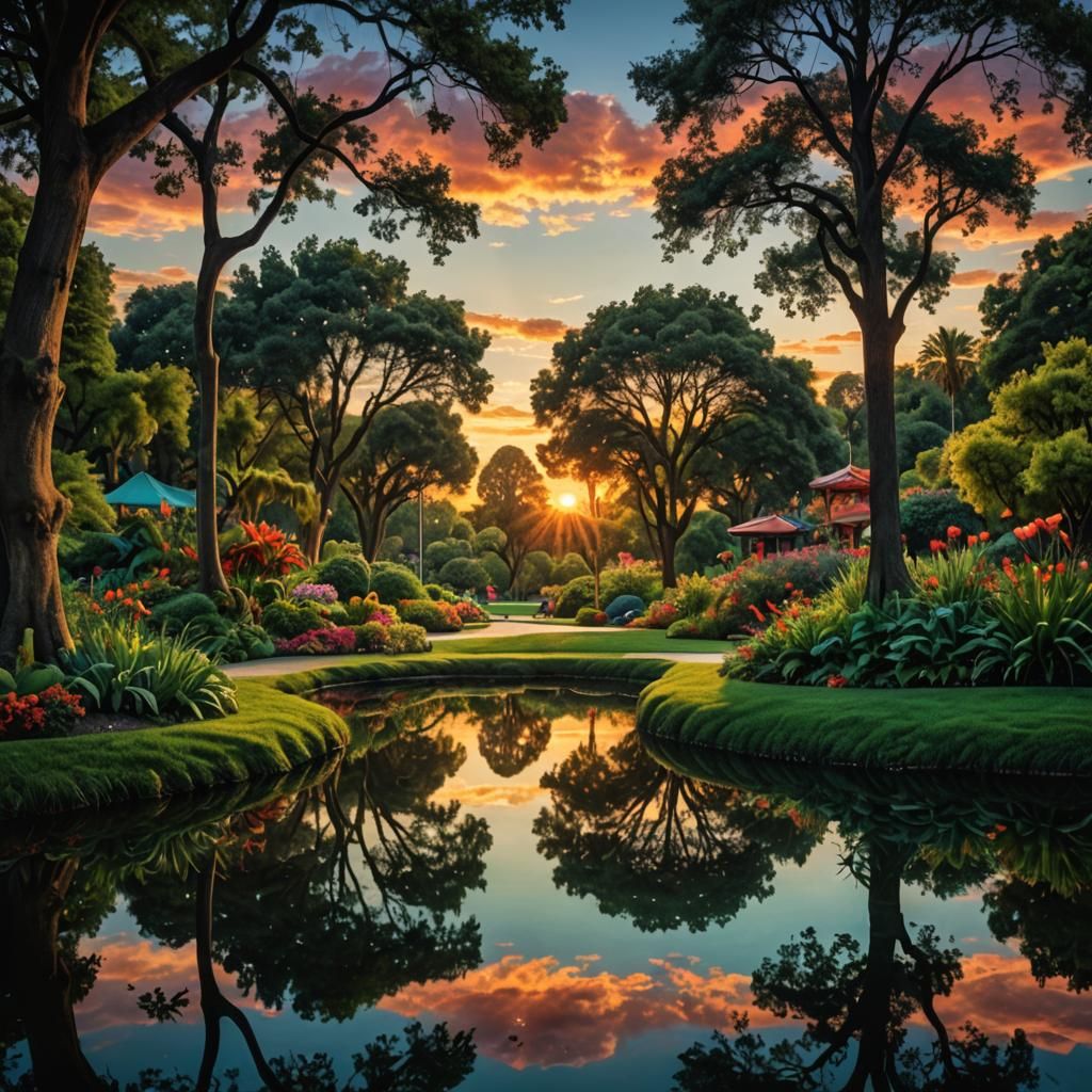 Lush City Park Sunset in Surreal Photography