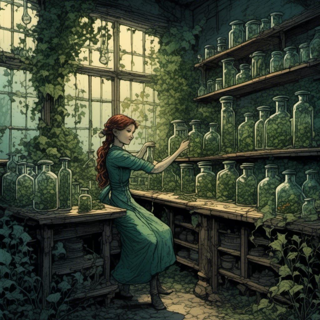 Poison Ivy in Overgrown Lab, Mixed Media Art