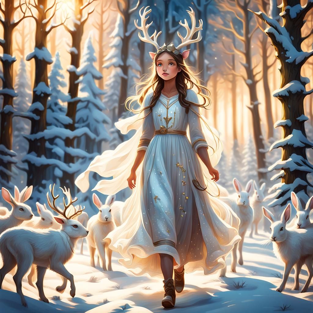 Reindeer Girl in Snowy Forest, Digital Art