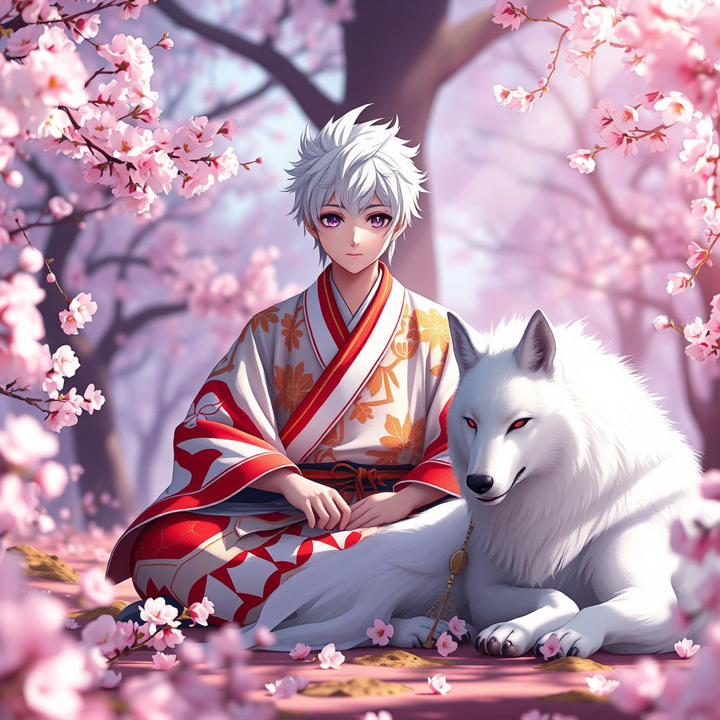 A young samurai in his early twenties with white hair and pu...