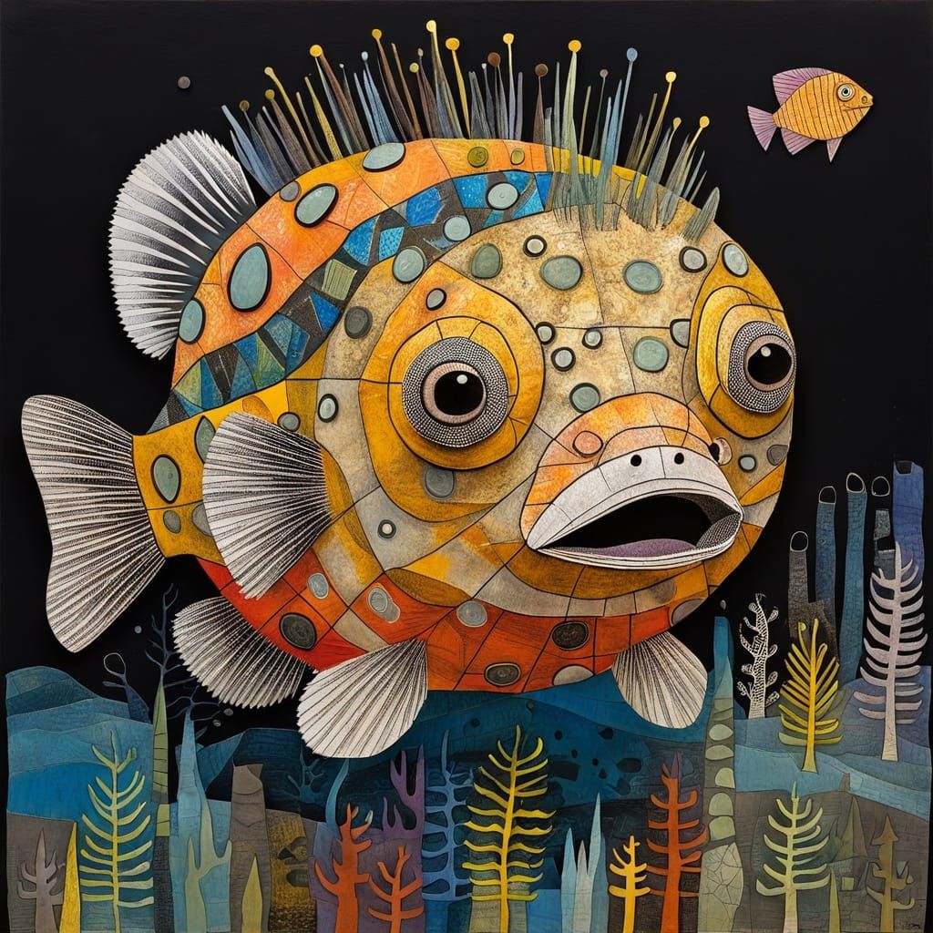 Majestic Puffer Fish King in Mixed Media