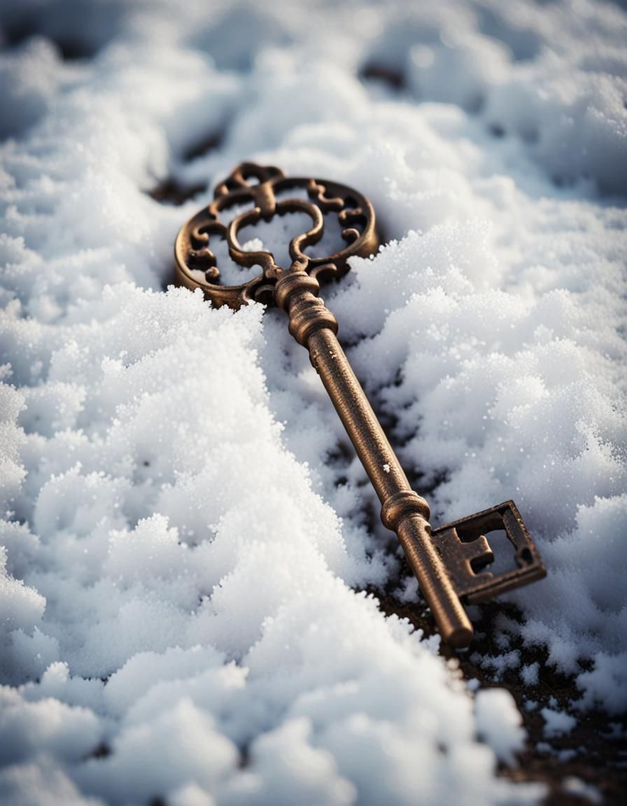 Antique Filigree Key Abandoned in Snow