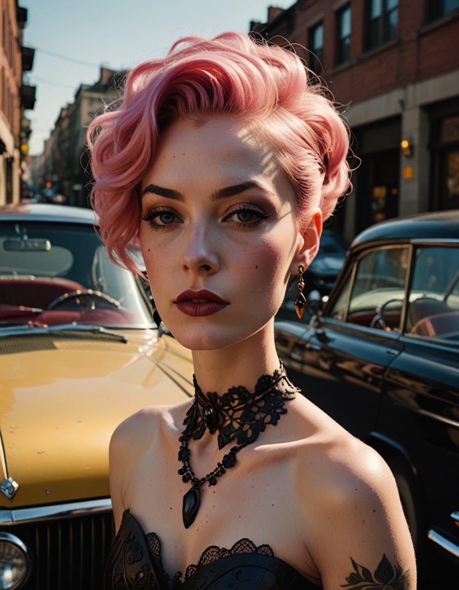 Pink-Haired Woman in Retro-Futurist Gothic Style