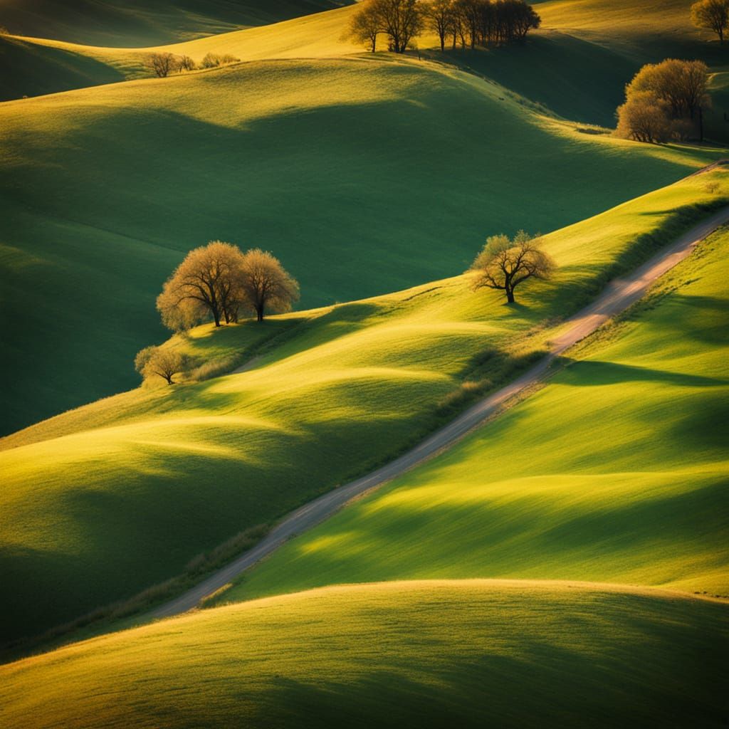 Rolling Green Hills Landscape in Golden Hour Sunlight