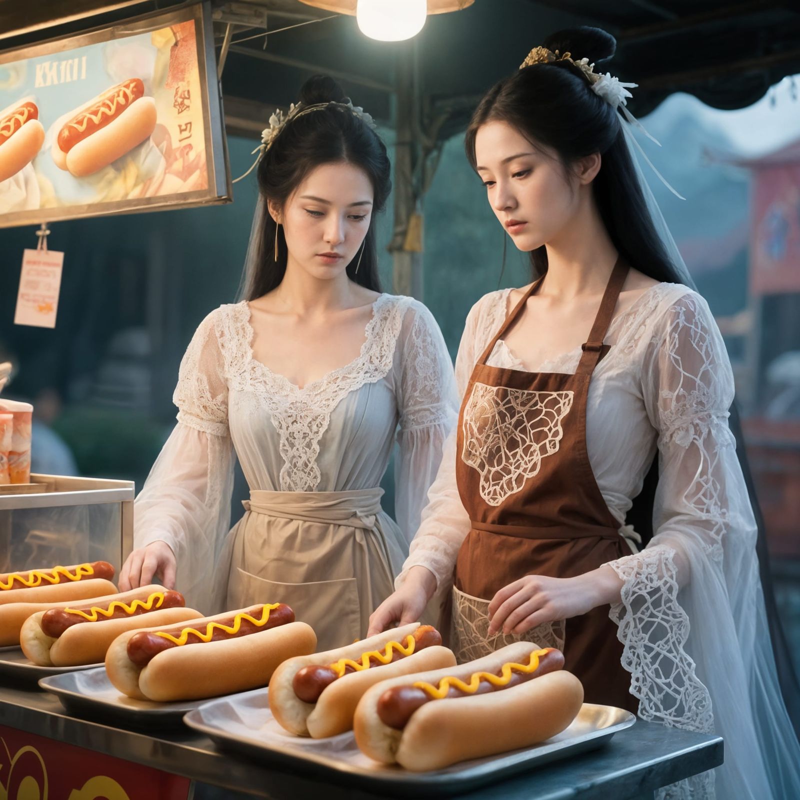 Ethereal Immortals Serve Hotdogs in Pre-Raphaelite Style