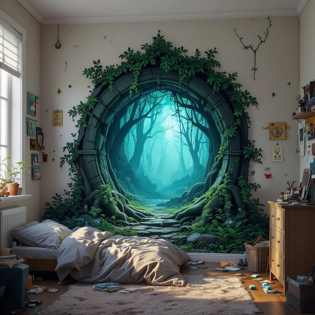 Mystical Forest Portal in Messy Bedroom: Matte Painting