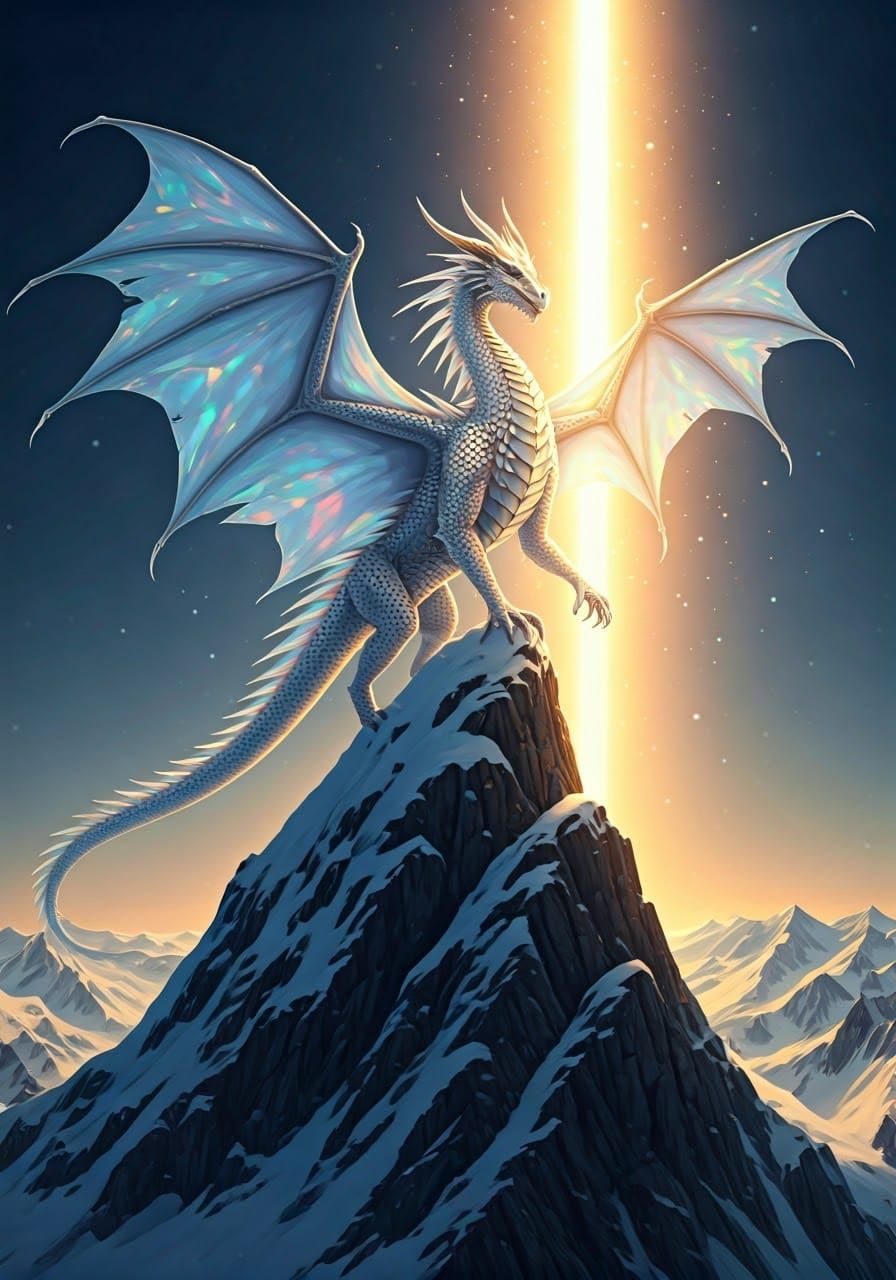Albino Dragon on Snowy Peak in Photorealistic Style