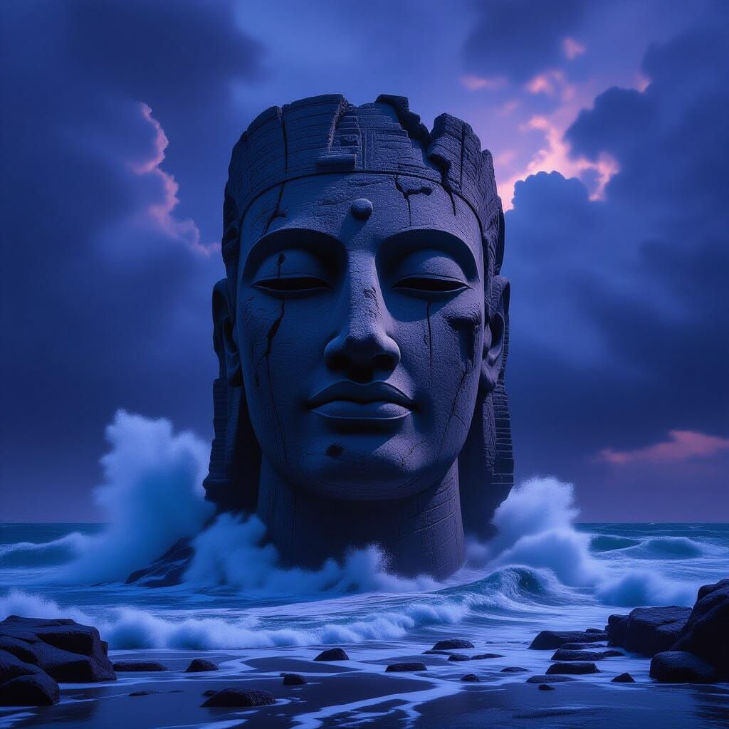 Colossal Ancient Statue in Stormy Sea