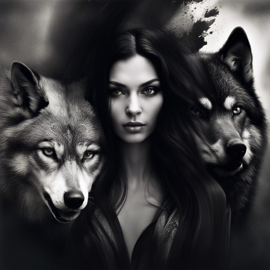 Wolf and Woman Face Merge in Matte Painting