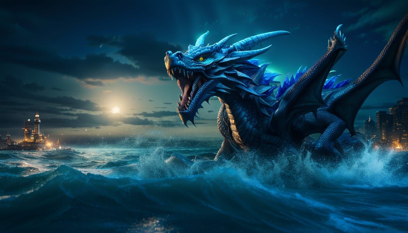 Majestic Dragon Rising from the Sea, Hyperrealistic Art