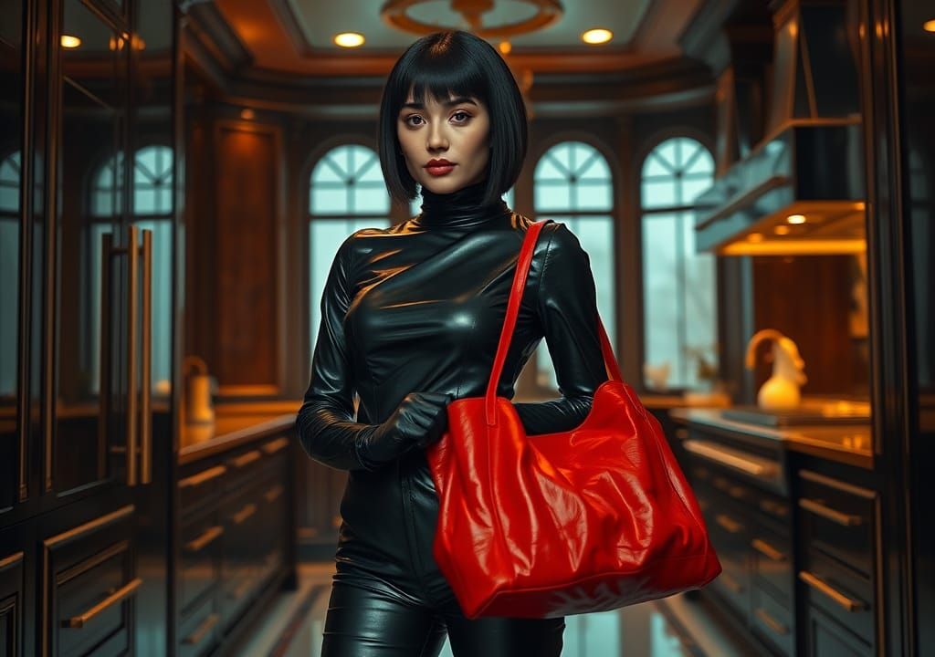 Femme Fatale in Leather Outfit in Opulent Kitchen