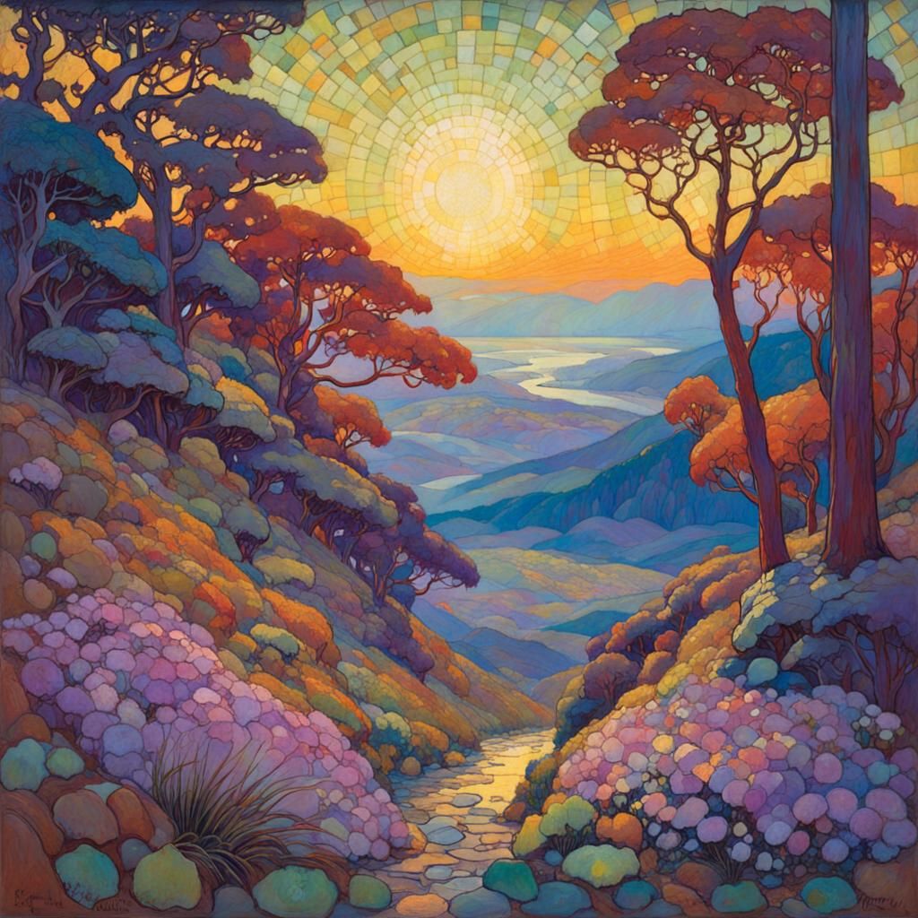 Abstract Stained Glass Landscape in Oil Pastel