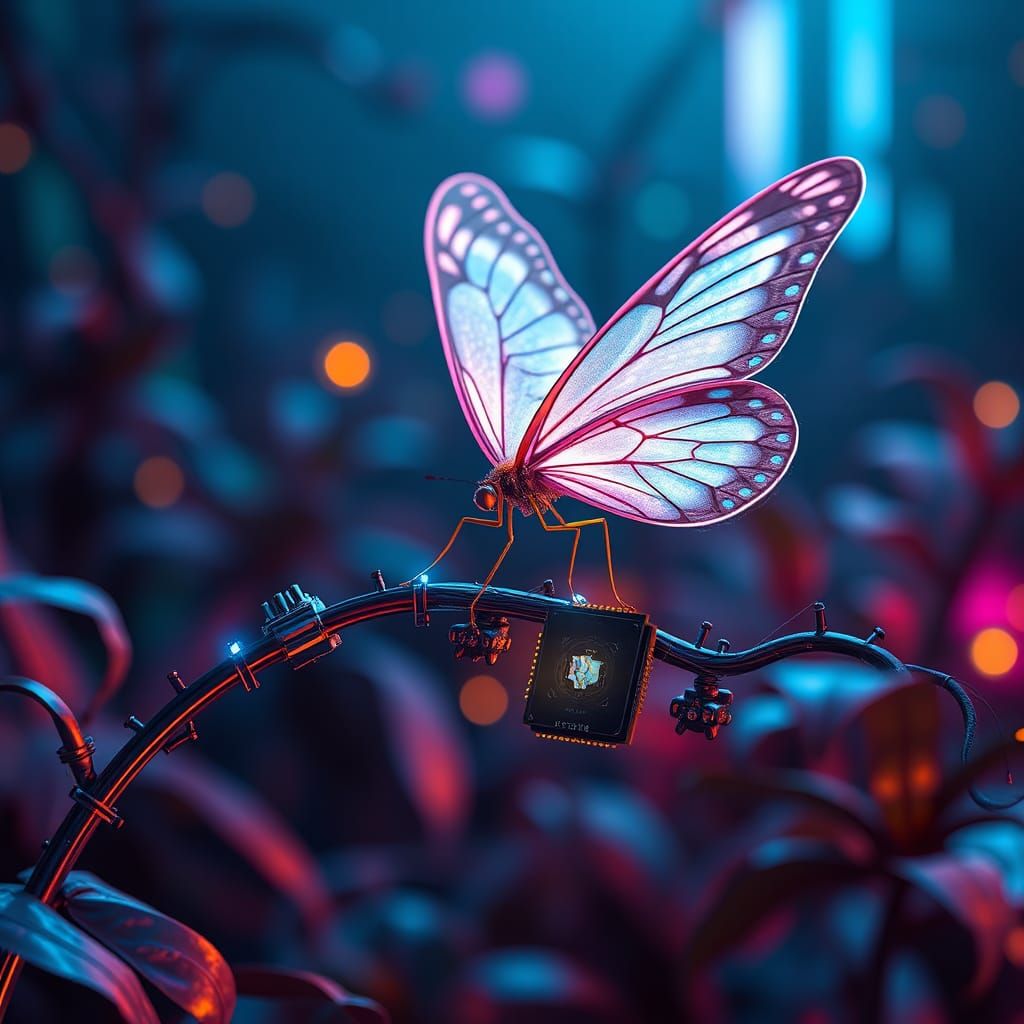 Robotic Butterfly Consuming Circuit Chip in Cyberpunk Style