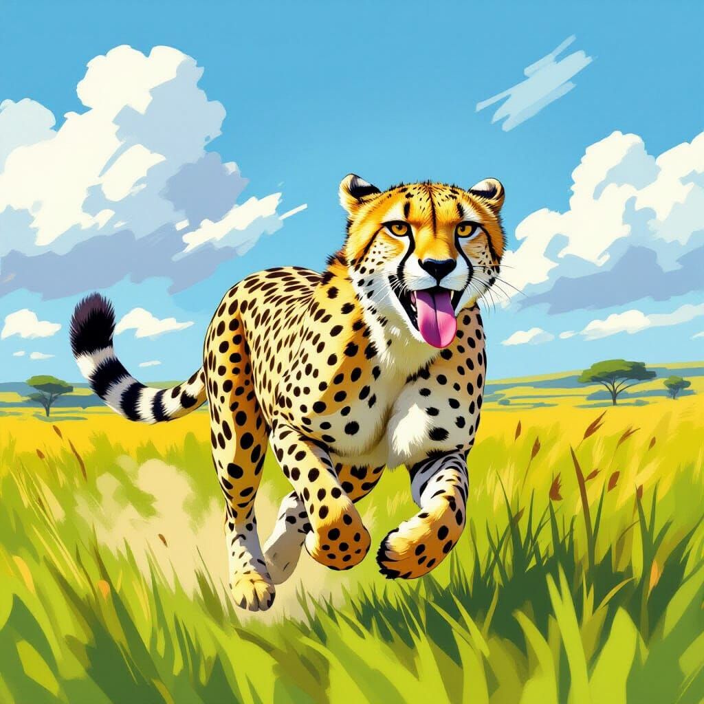Cheetah Running in Savannah, Digital Painting