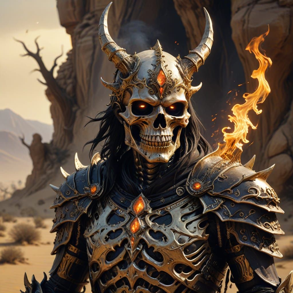 Regal Skeleton King Reigns Over Golden Desert Sunset