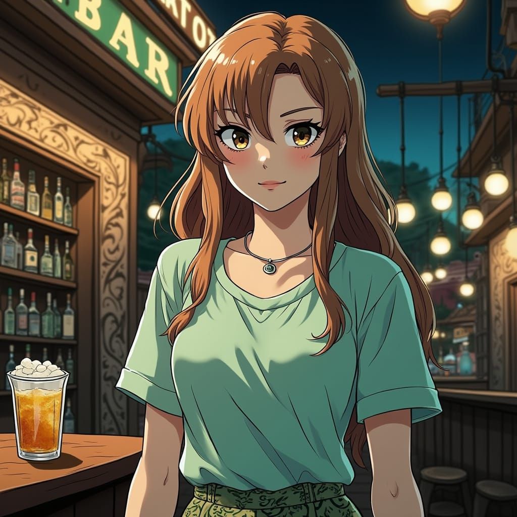 Cosmic Anime Woman Sips Whimsical Drink Outside Vintage Ariz...