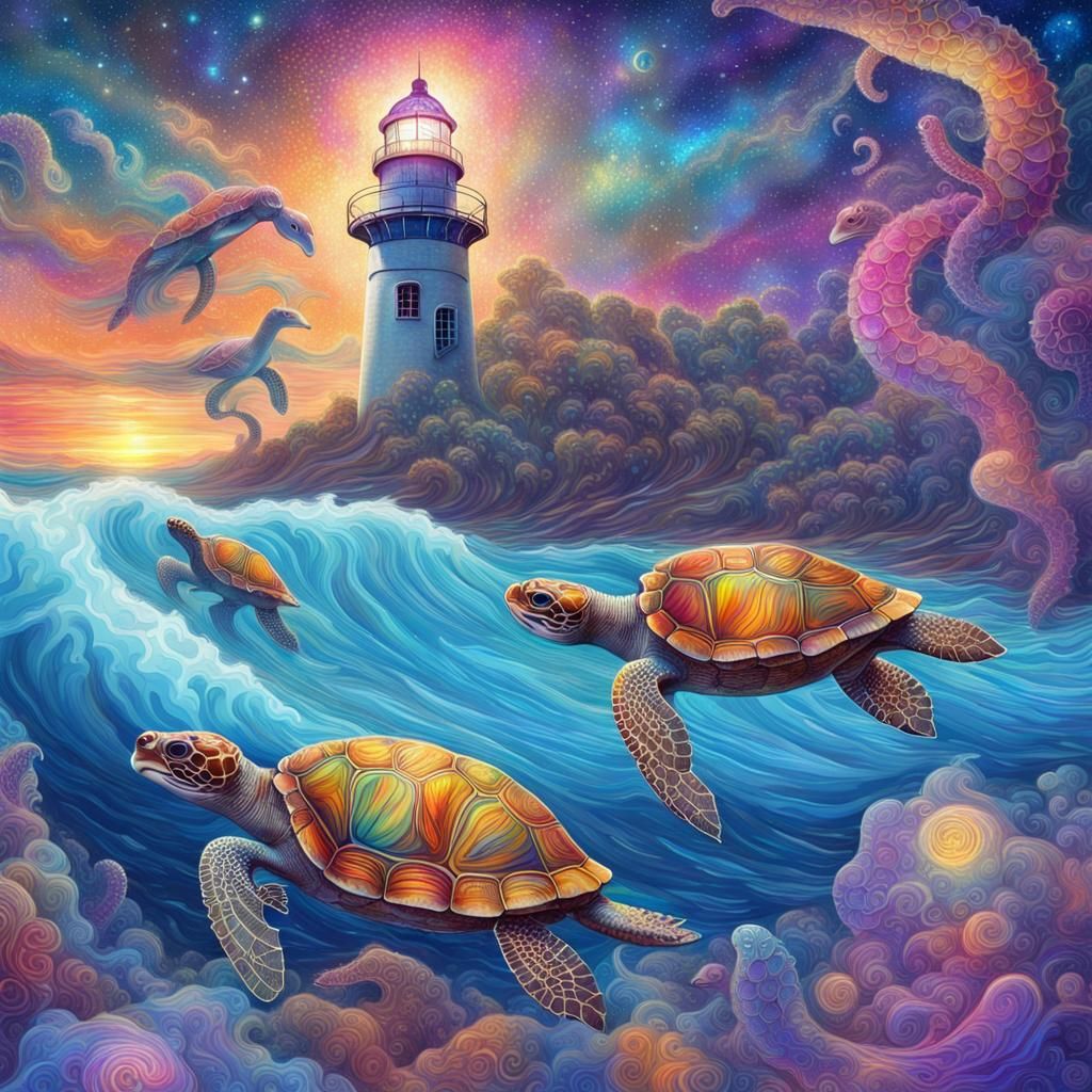 Groovy Turtle Lighthouse Surfing Seahorse Wave