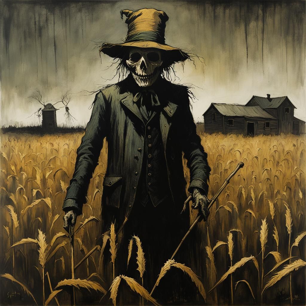 Grisly Scarecrow Caricature in Moldy Cornfield