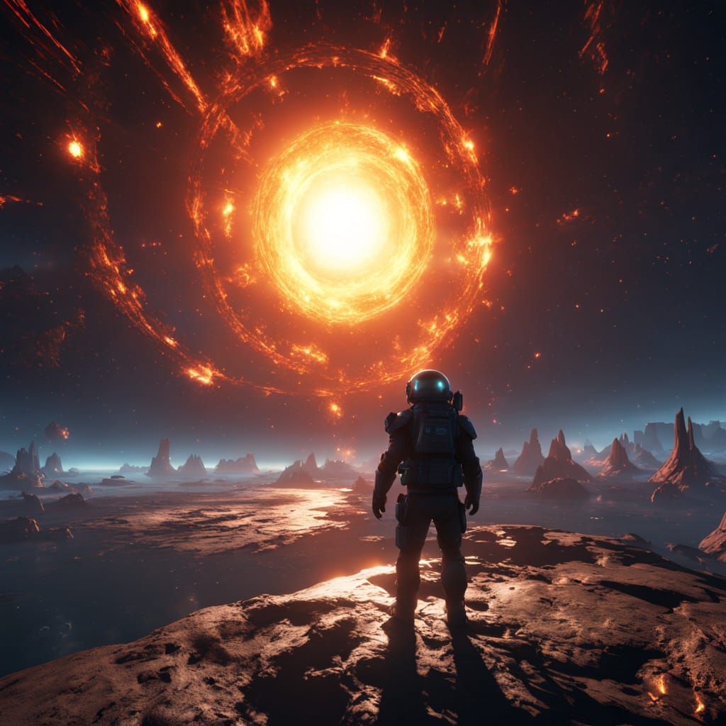 Cosmic Odyssey: Lone Figure Contemplates Black Hole's Edge