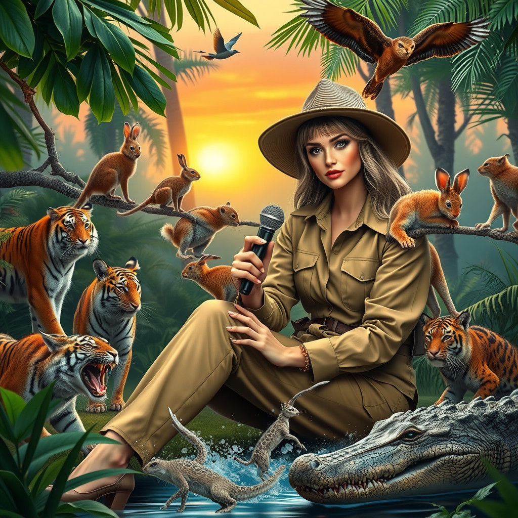 Journalist's Jungle Interview: A Hyperrealistic Safari Scene