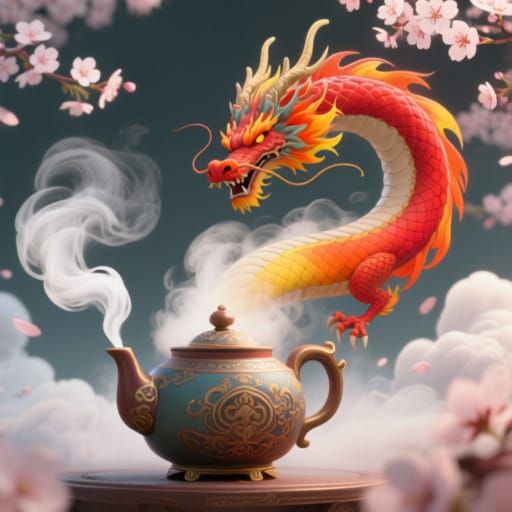 Chinese Dragon Emerges From Ornate Teapot Steam