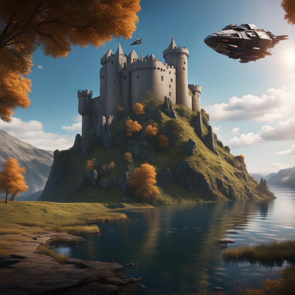 Spaceship over Ruined Castle: Hyperrealistic Concept Art