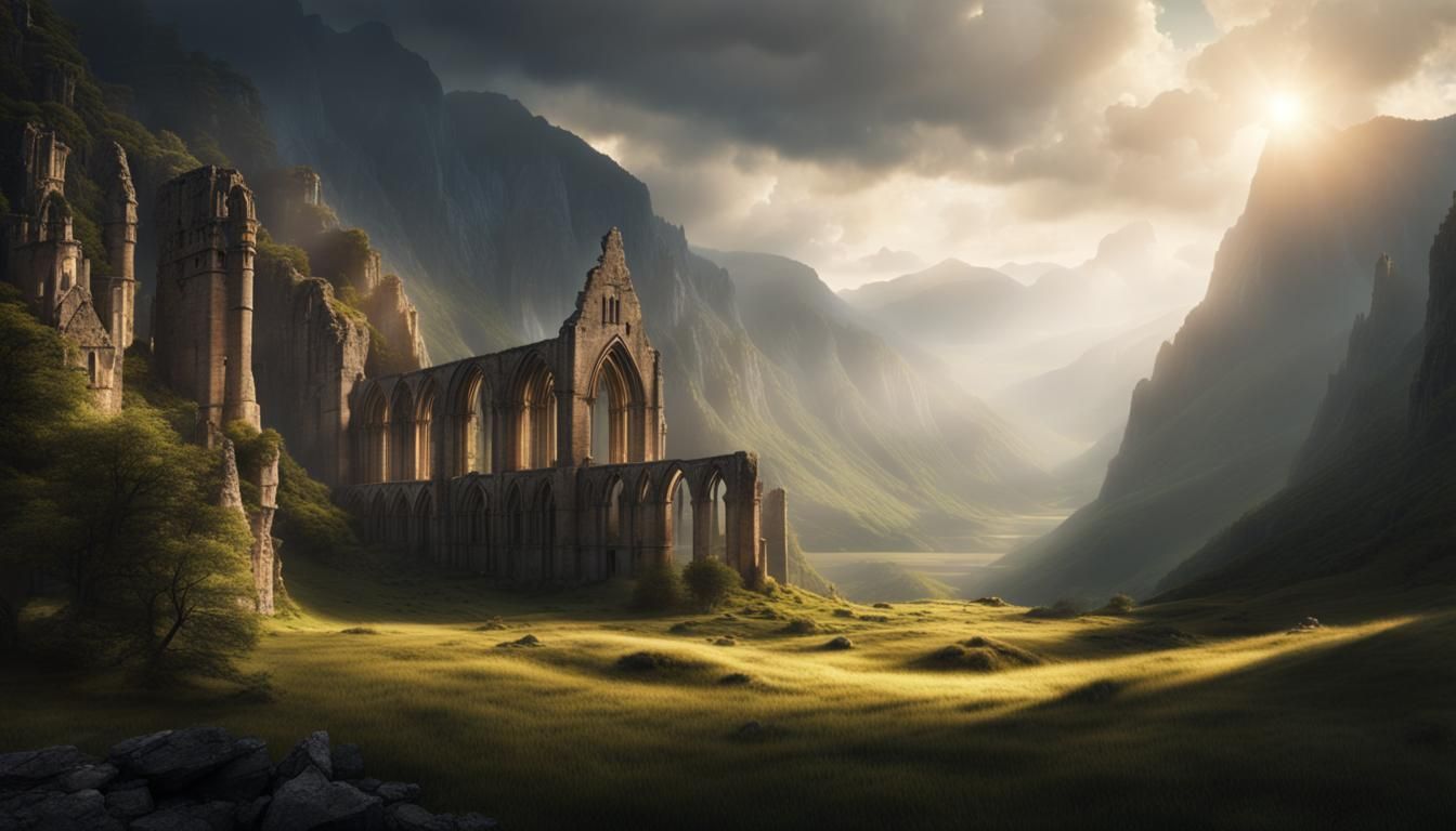 Medieval Abbey Ruins in Mountain Valley