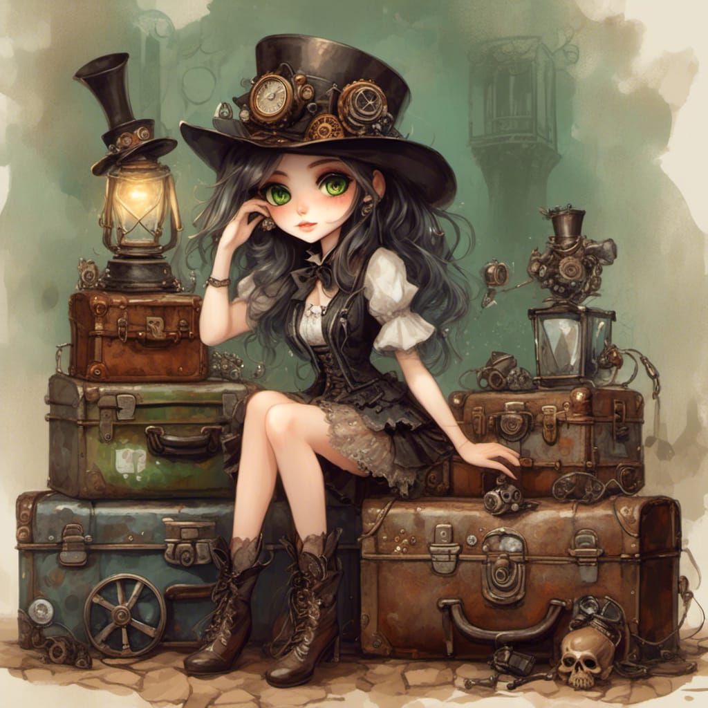 Steampunk Woman in Watercolor with Gear Jewelry