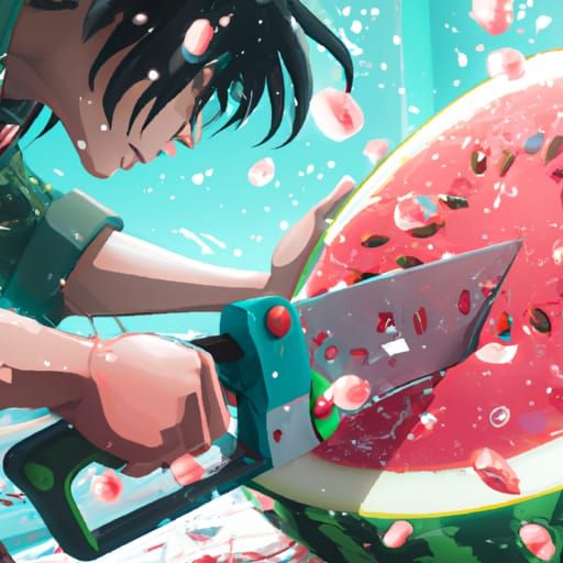 Chainsaw Man Cuts Watermelon in Ghibli Anime Style