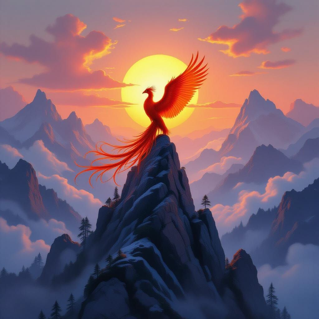 Majestic Phoenix Ablaze Over Misty Valley