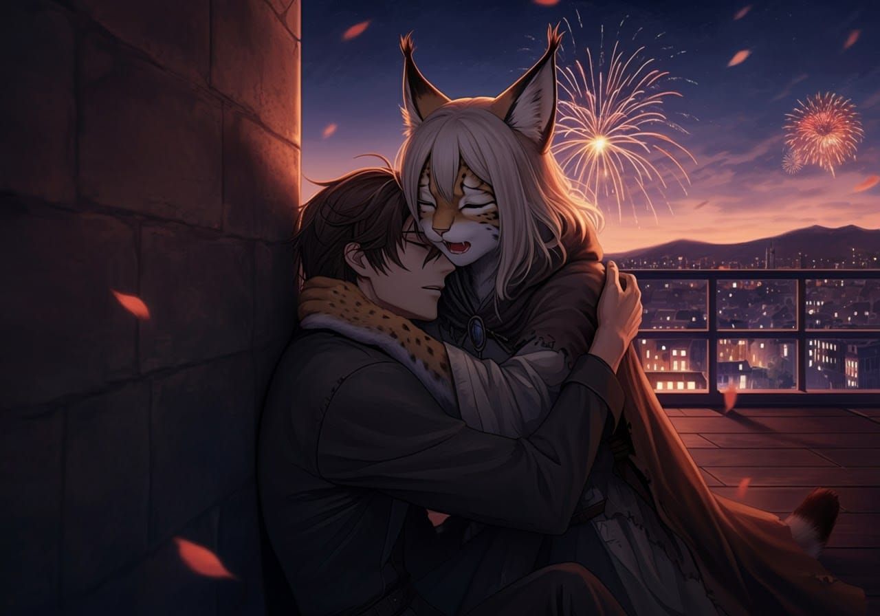 Romantic Anime Lynx Hugs Handsome Man Under Fireworks