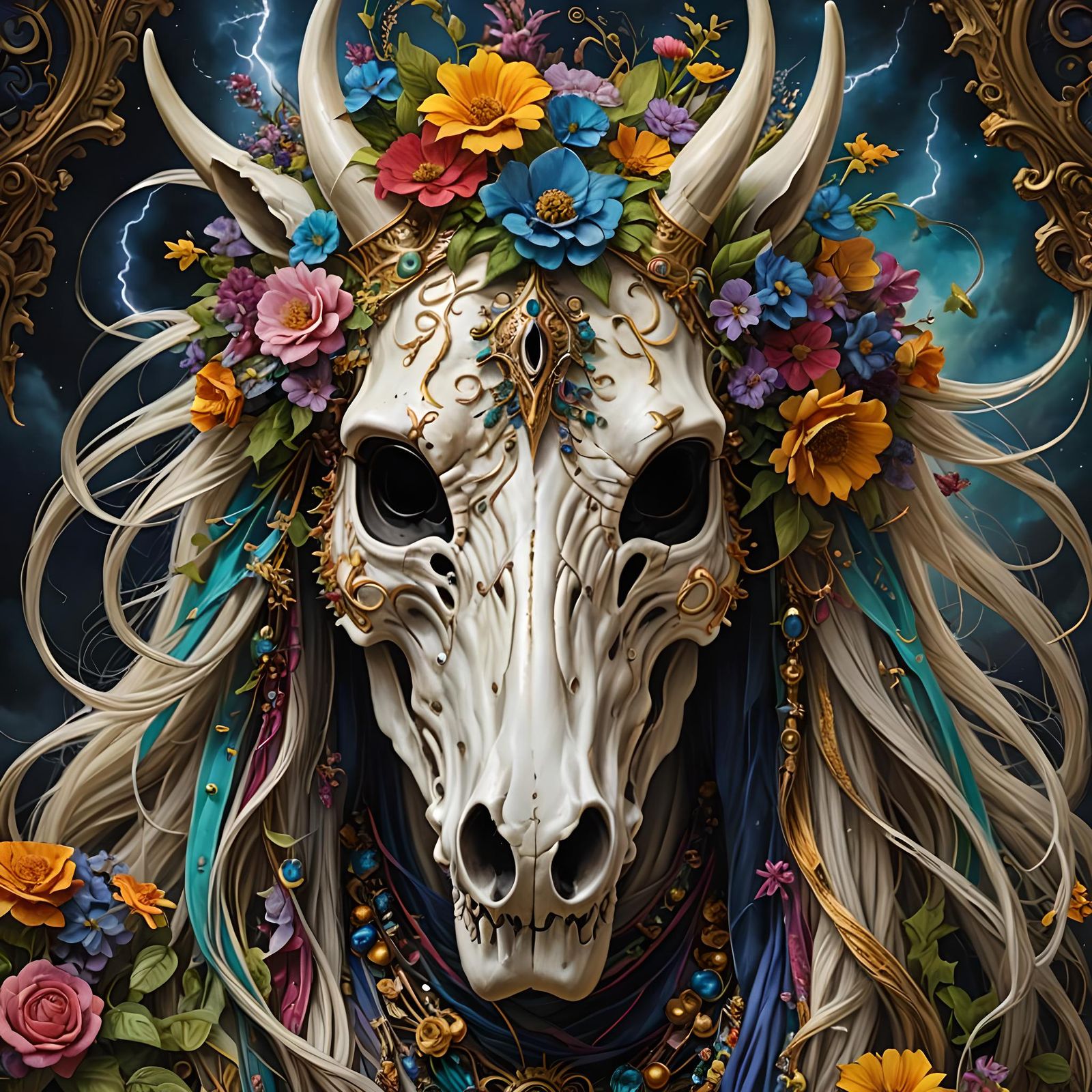 Elaborate Mari Lwyd Mask with Lightning and Floral Design