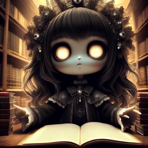 Ethereal Doll in Haunted Library: Gothic Surrealism