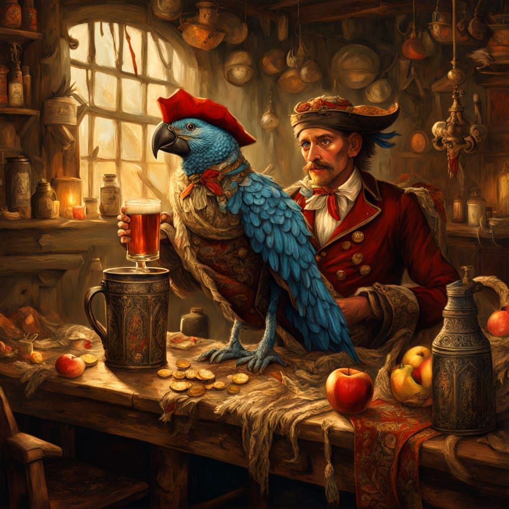 Vibrant Tavern Scene with Roasted Dodo and Boisterous Pirate...