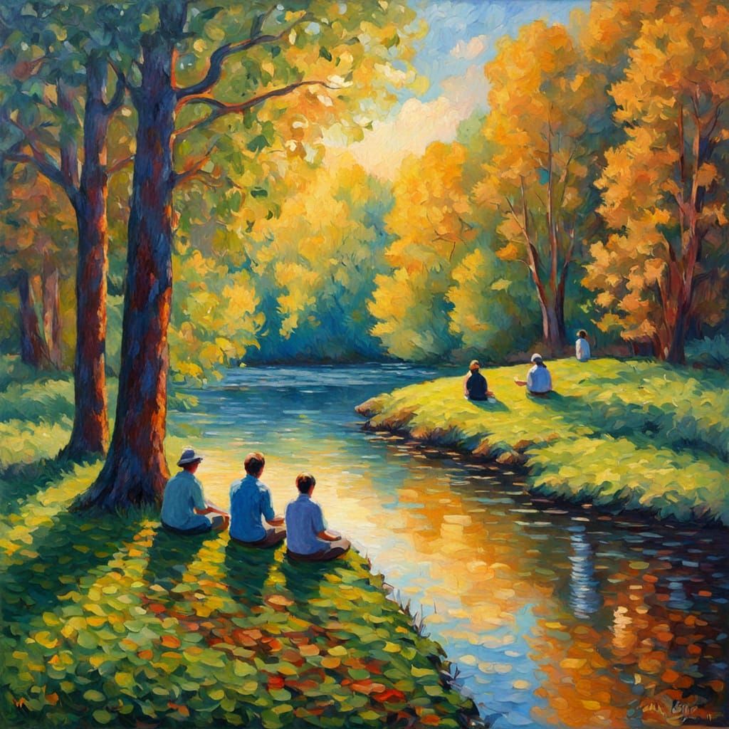 Meditative Riverbank Oasis in Neo-Impressionist Style