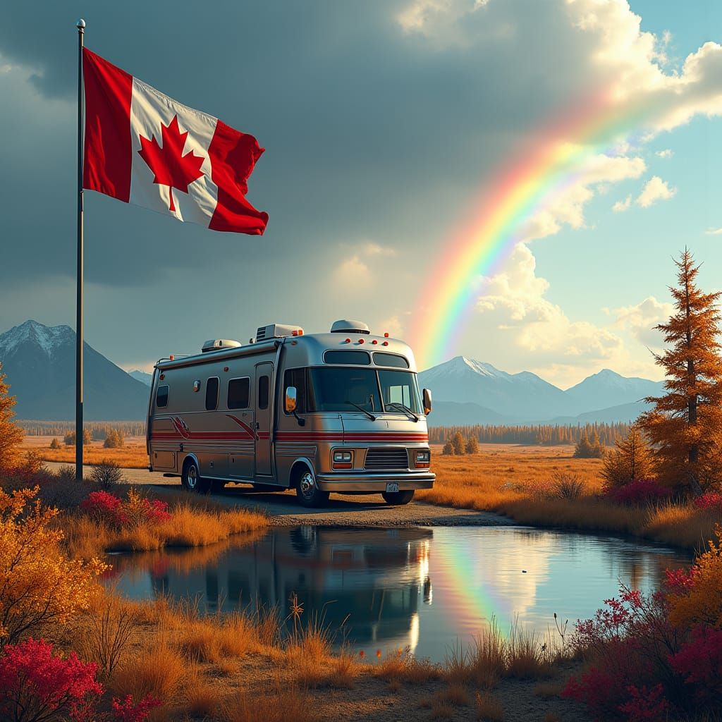 RV in Desert Landscape with Reflected Mountains