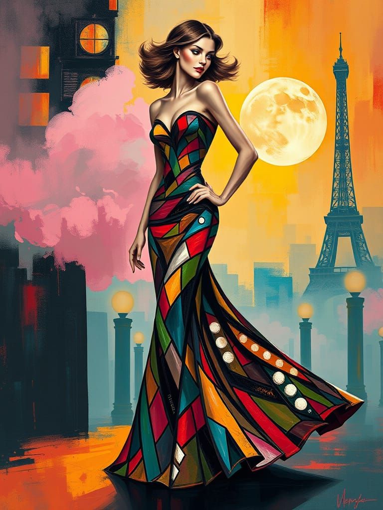 Abstract Woman in Dreamscape, Cubist Art Deco Style