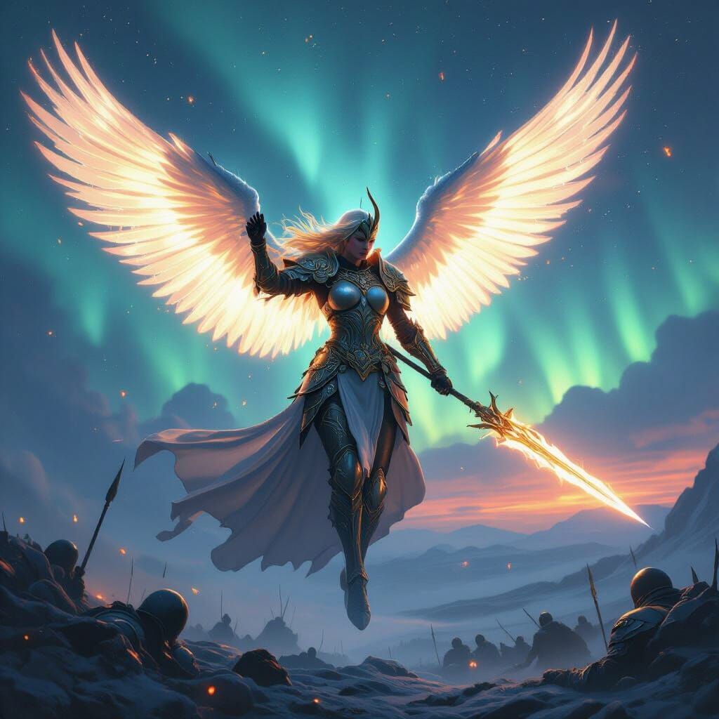 Valkyrie Soaring Above Battlefield in Digital Painting Style