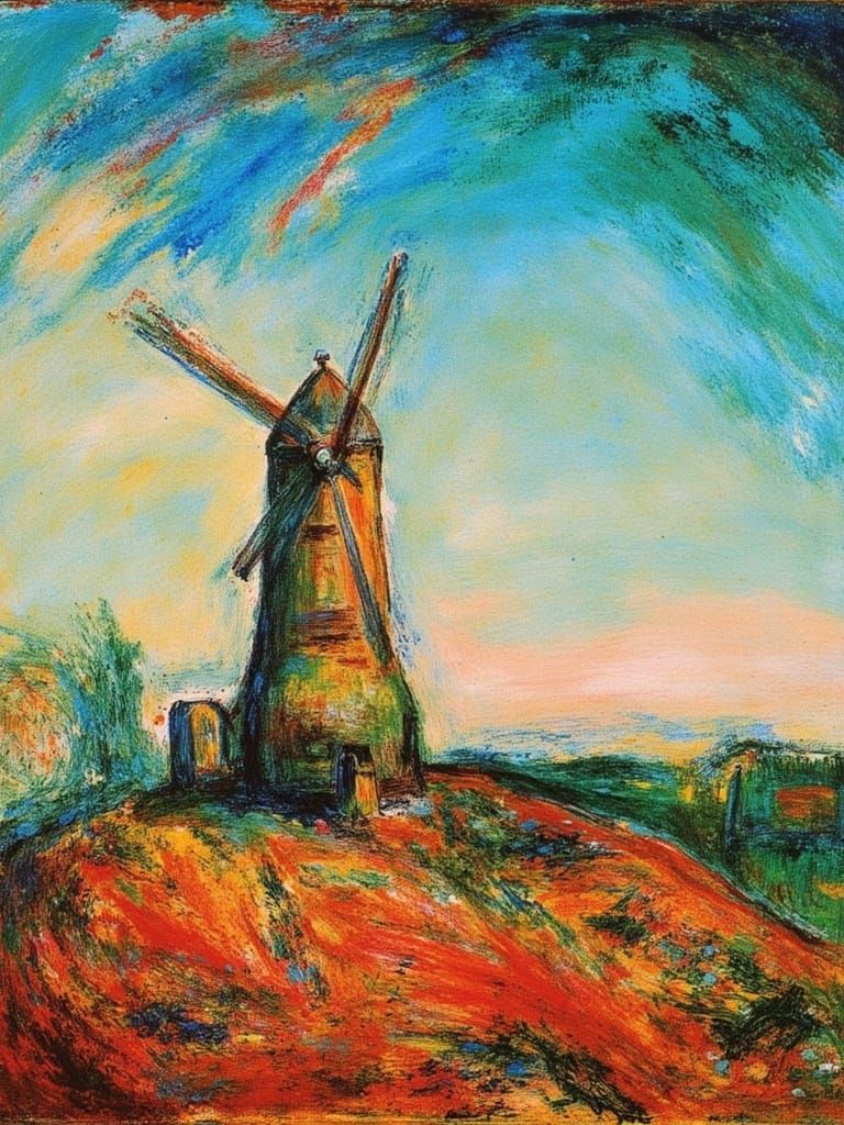 Vibrant Windmill Landscape in Fauvist Style