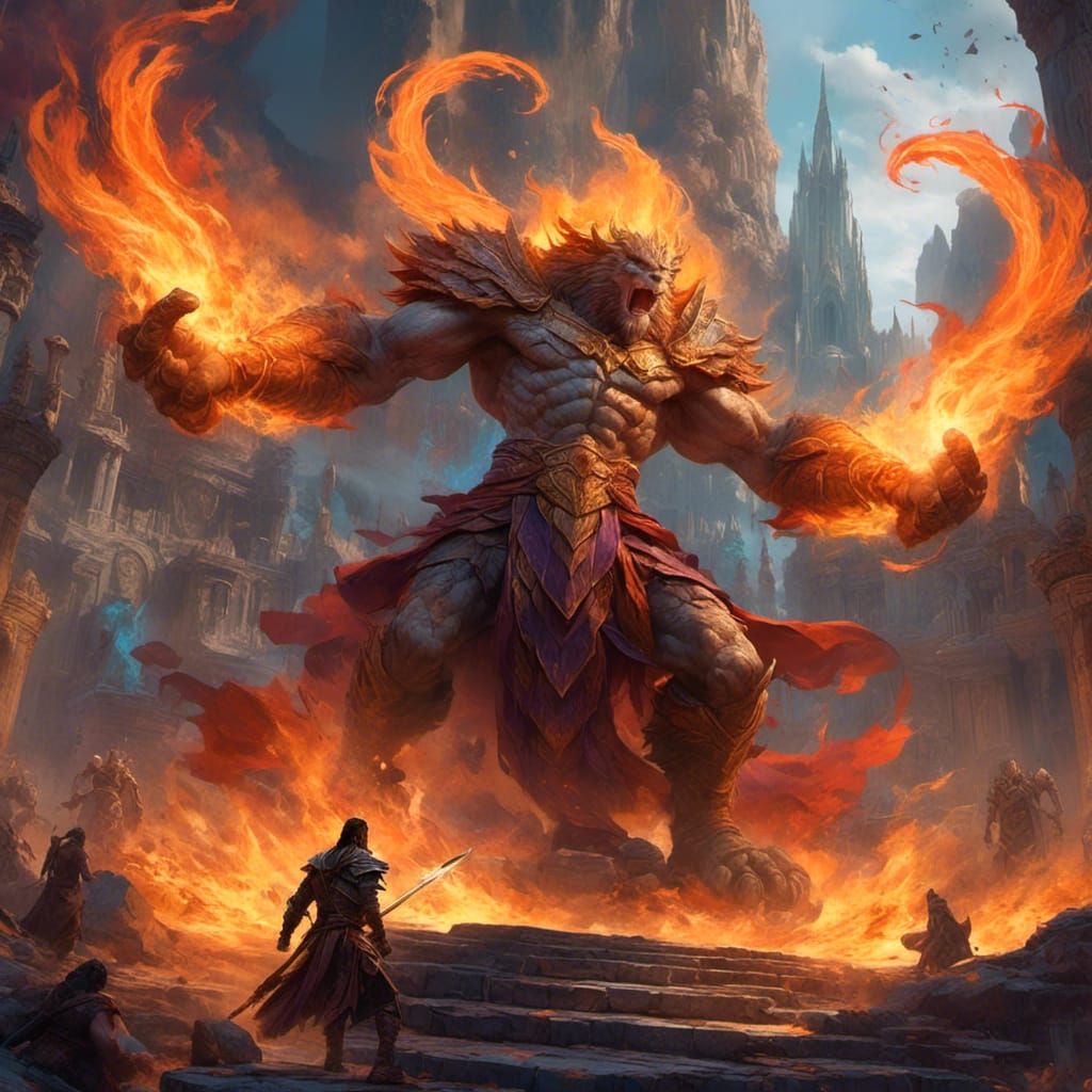 Wizard Battles Giant with Flames: Fantasy Concept Art